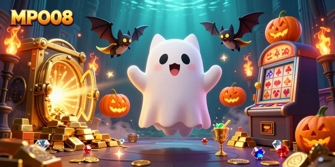 Experience the thrill of MPO08’s haunted casino with a ghost cat and glimmering treasures.