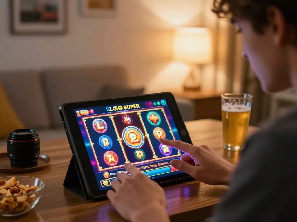 LGO SUPER player enjoying vibrant slot game on tablet in cozy living room setting.