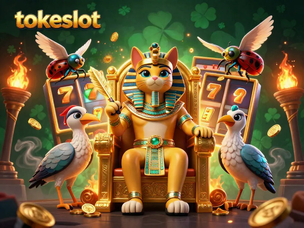 Tokeslot showcases a vibrant Egyptian pharaoh cat, jackpot symbols, and spinning reels encapsulating thrilling gameplay.
