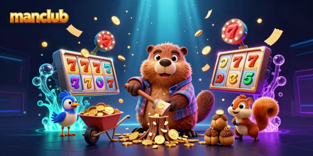 The manclub theme features a cartoon beaver collecting golden coins amidst vibrant casino elements.