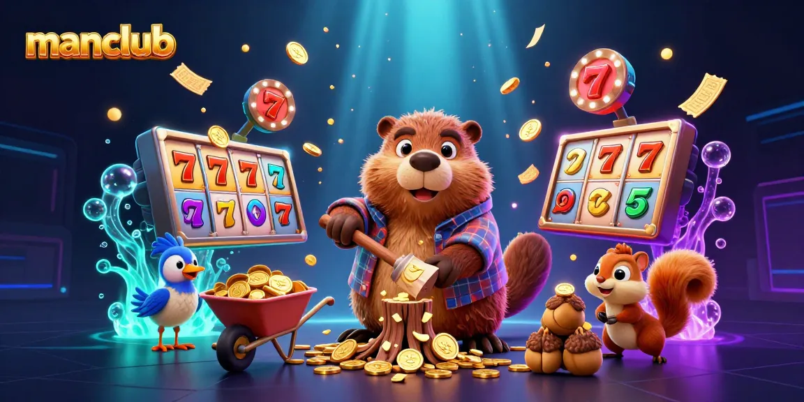 The manclub theme features a cartoon beaver collecting golden coins amidst vibrant casino elements.