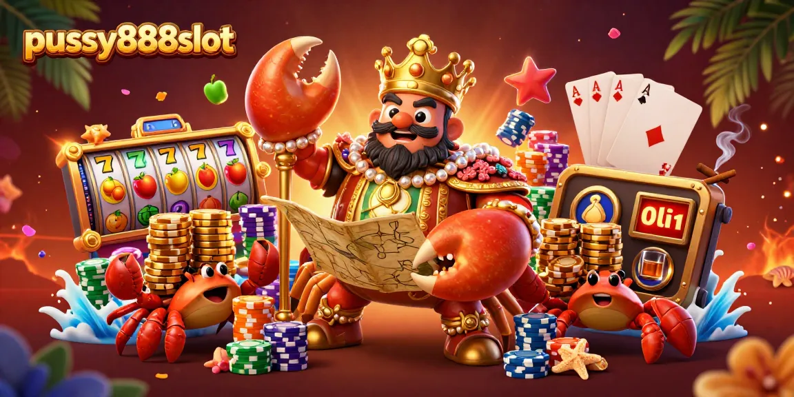 Engage with the thrilling world of pussy888slot; colorful slot reels and golden crab emperor create excitement.
