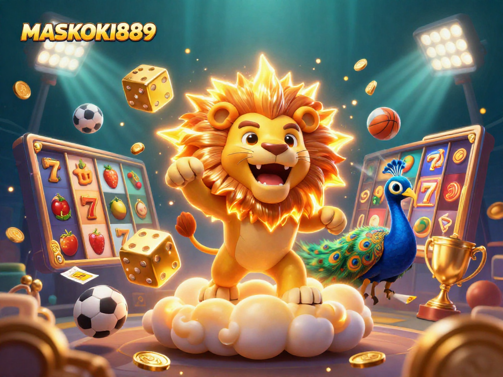 Experience thrilling gaming with MASKOKI889’s vibrant 3D slots illustration showcasing a sun lion and enticing casino elements.