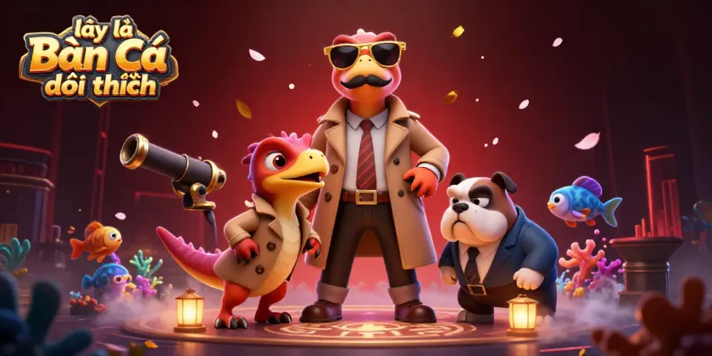 Experience the excitement of lại là Bắn cá đổi thưởng with three cartoon raptors navigating a lush underwater casino setting.