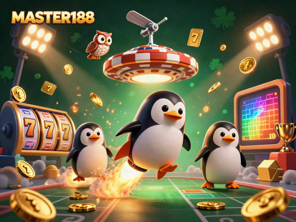 Experience thrilling gaming at MASTER188 with a golden penguin, jackpot reels, and exciting casino elements.