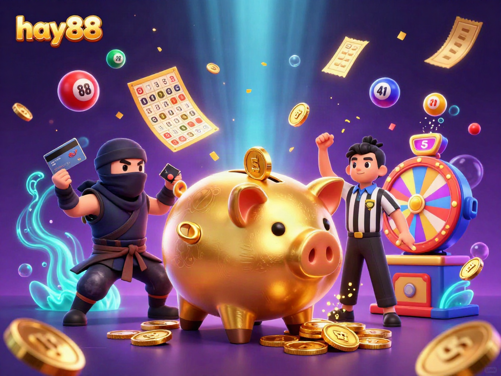 Experience the thrilling world of hay88 casino with a vibrant 3D illustration featuring a golden piggy bank sumo wrestler amidst dynamic gaming elements.
