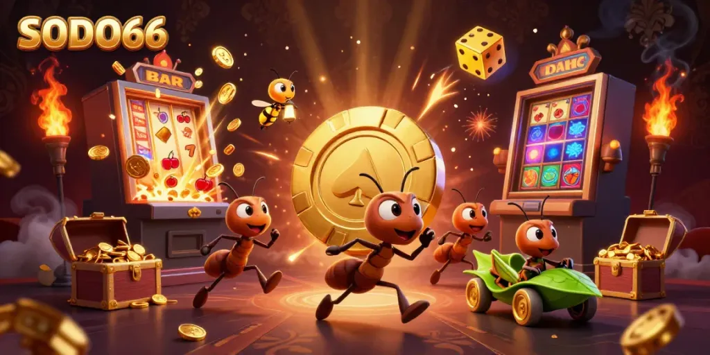 Engaging heist scene featuring SODO66 ants with golden poker chip and casino elements.
