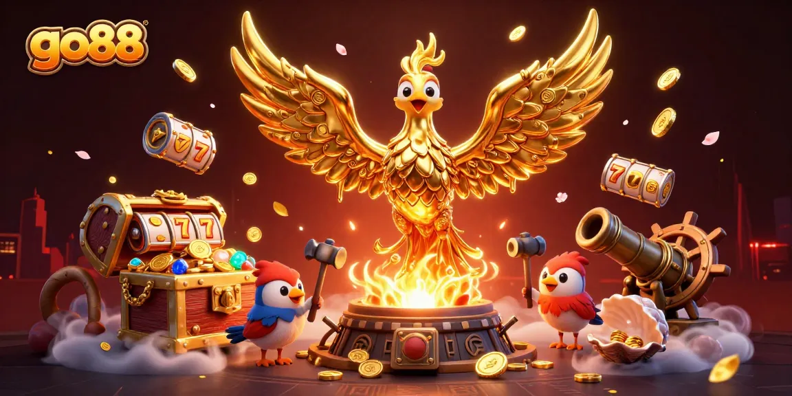Play exciting games at go88 with dynamic golden phoenix and slot elements amidst vibrant treasures.