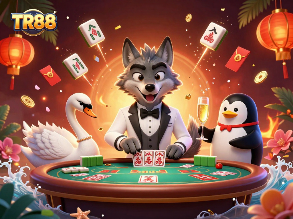 Engage with TR88's lively casino scene featuring a wolf at baccarat, swan dealer, and penguin sommelier.