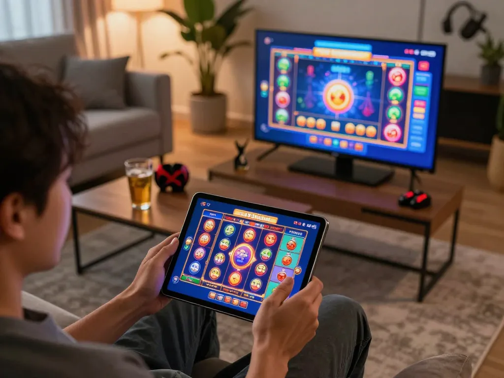 Engaged player enjoying Slot Thailand mobile app on tablet in a cozy living room setting