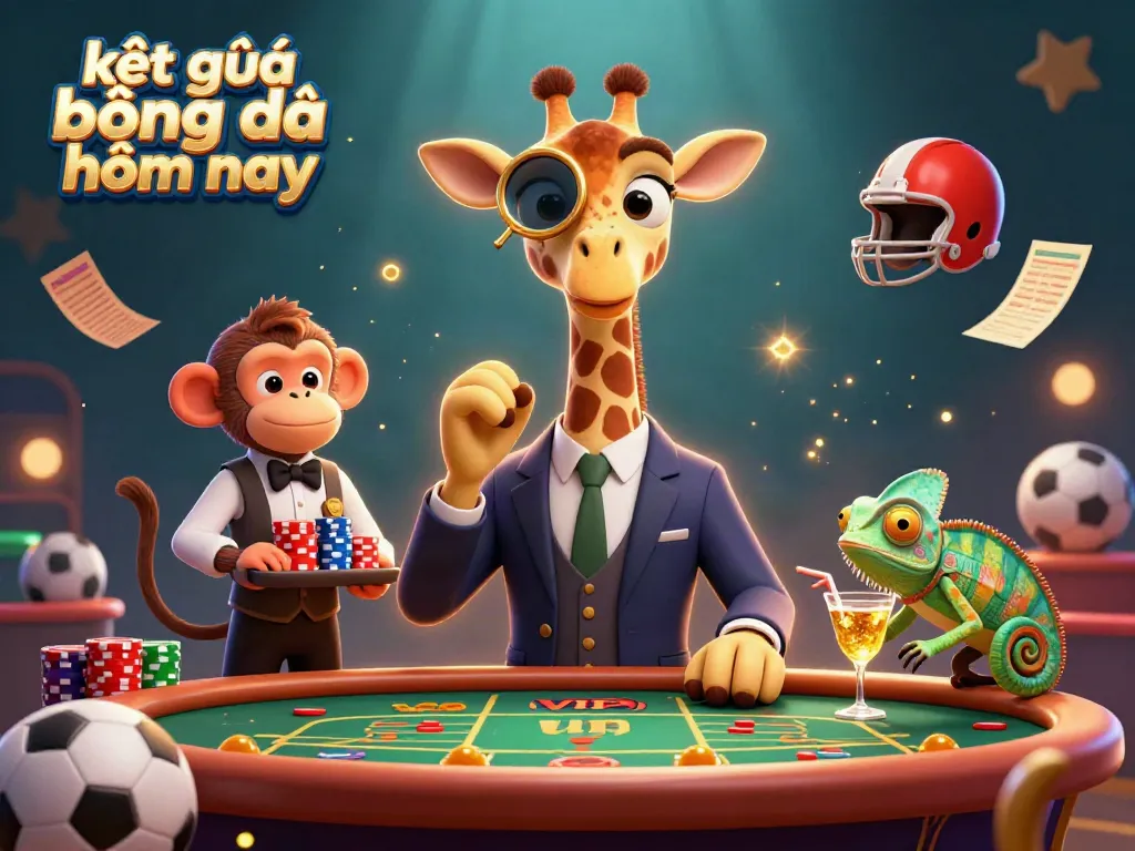 Kết quả bóng đá hôm nay in a lively casino scene showing a giraffe betting on sports.