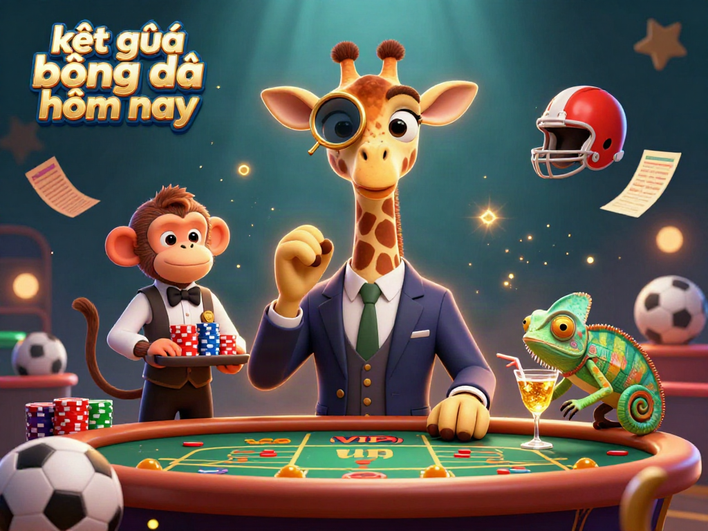 Kết quả bóng đá hôm nay in a lively casino scene showing a giraffe betting on sports.