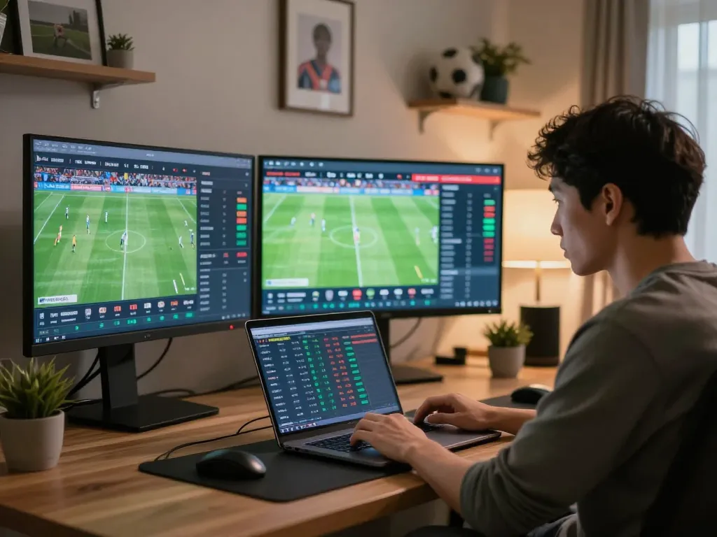Engaged user analyzing keobongda sports betting trends on multiple screens in a stylish home office.