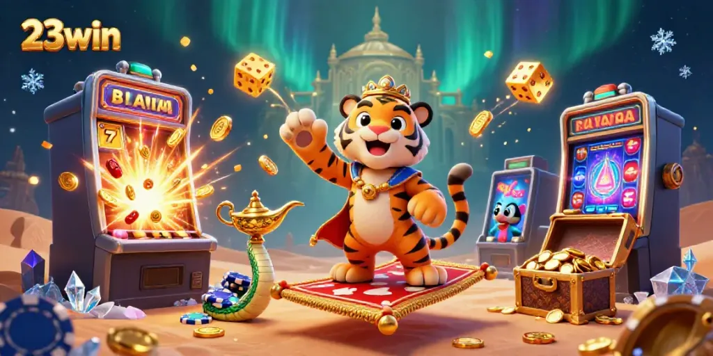 Experience vibrant 23win gaming with a tiger sultan, slot machine bursts, and lively casino elements.