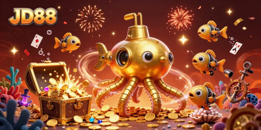 Engage with JD88 in an immersive underwater treasure hunt featuring mechanical creatures and vibrant casino elements.