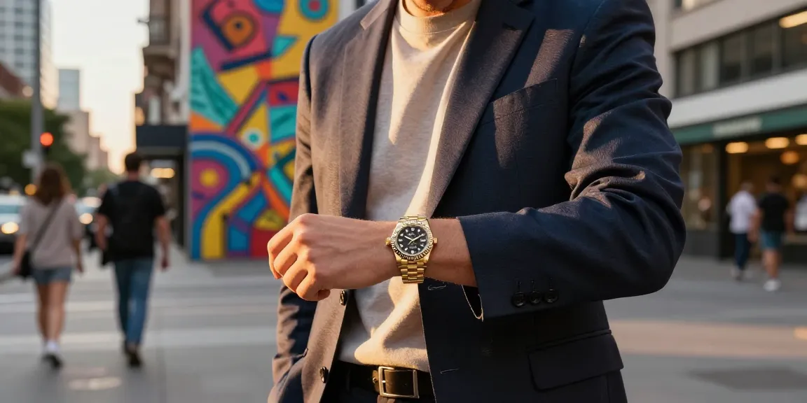 Stylish individual showcasing rolex super clone watches in an urban lifestyle scene.