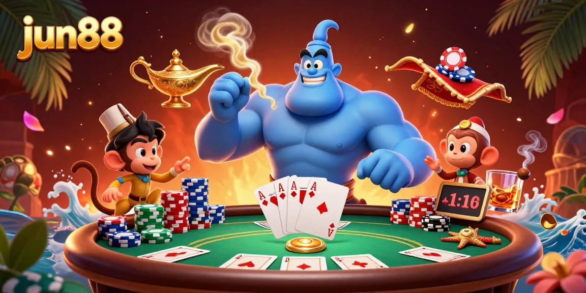 Experience intense magic at jun88 with a vibrant poker scene featuring a genie, monkey, and poker elements.