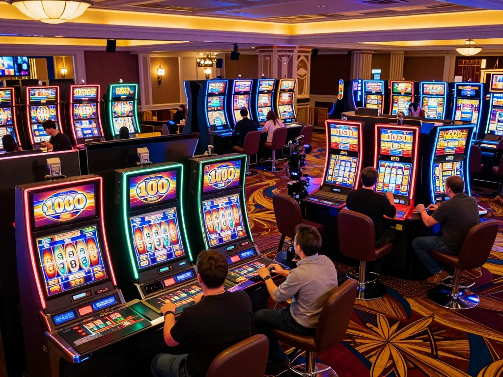 Engaged players enjoying slot bet 100 at lively casino, highlighting excitement and vibrant atmosphere.