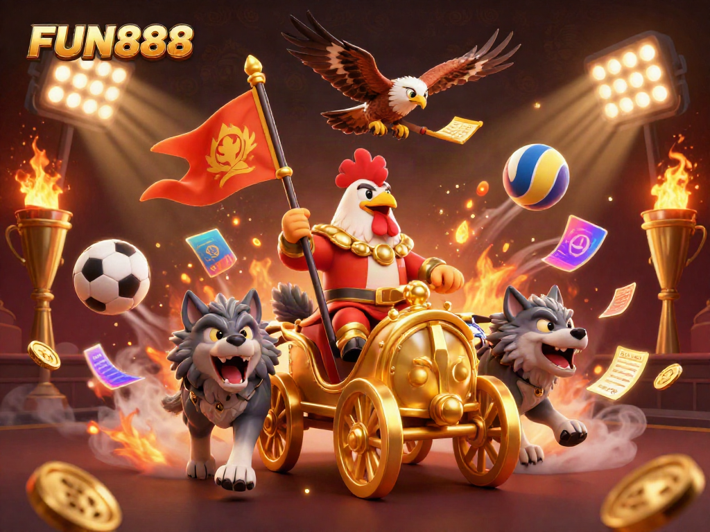 Engage in FUN888 with a dynamic scene featuring a rooster warlord, sports balls, and a golden trophy.