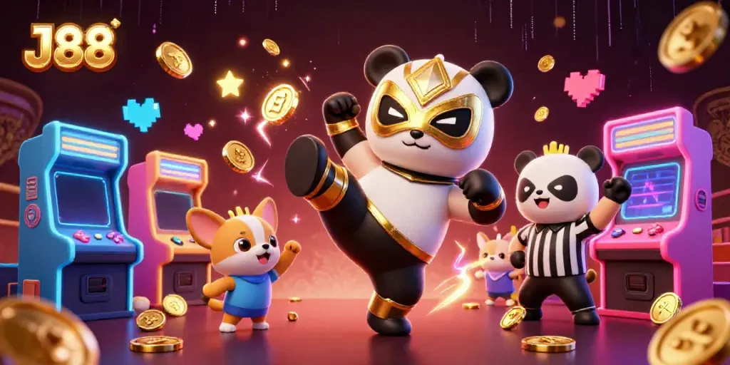 Experience the excitement of J88 with a thrilling 3D panda wrestler kicking while chihuahua referee counts amidst an animated casino scene.