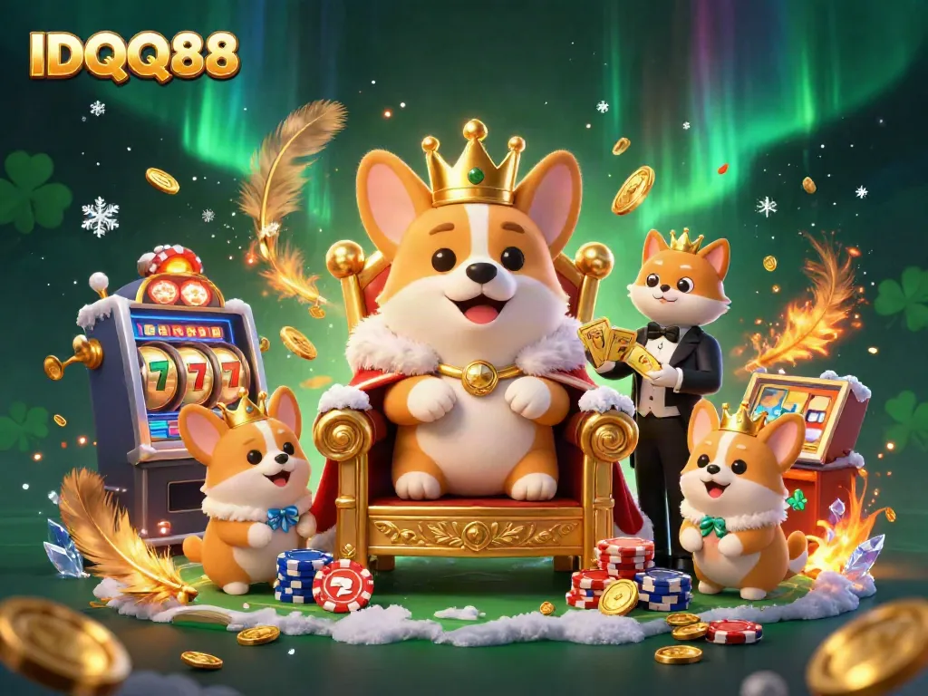 Engage with IDQQ88's stunning animated scene of a royal corgi on a poker chip throne, symbolizing exciting slot gaming.