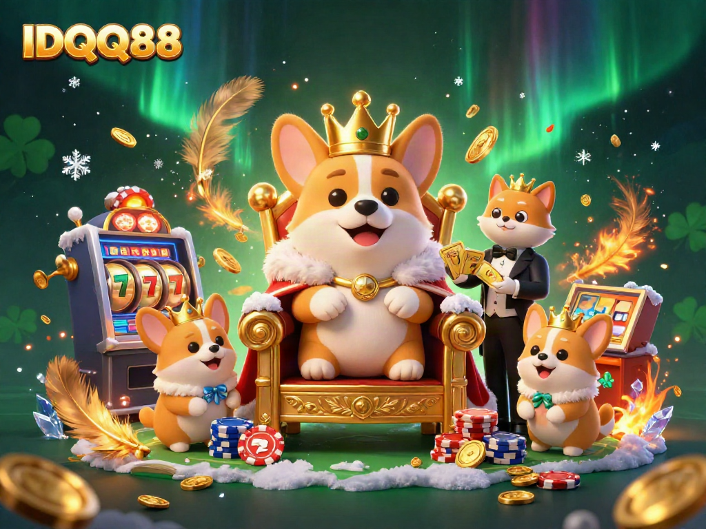 Engage with IDQQ88's stunning animated scene of a royal corgi on a poker chip throne, symbolizing exciting slot gaming.