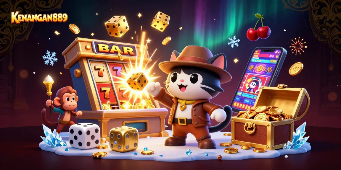 Play KENANGAN889 and win big with this vibrant casino-themed 3D illustration!