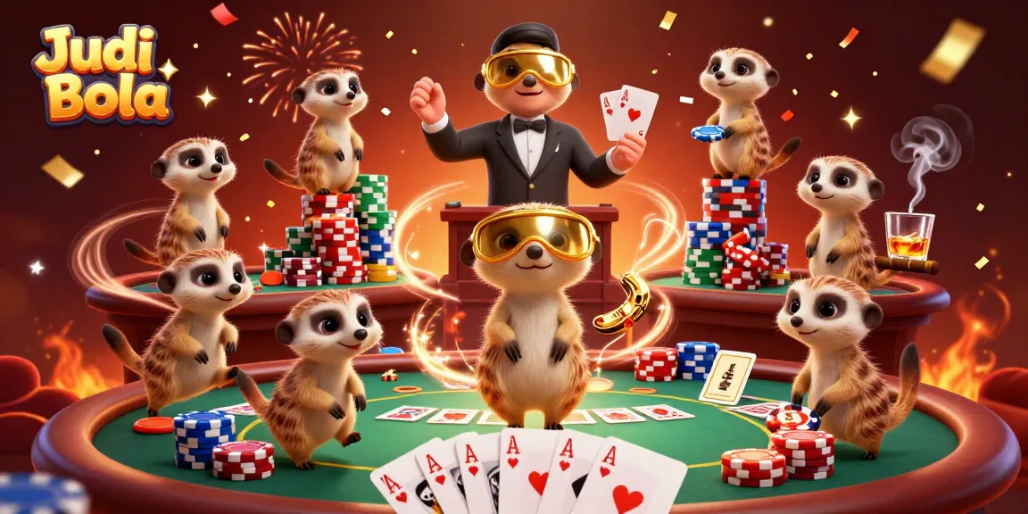 Engaging scene of Judi Bola action with meerkats managing a vibrant casino filled with poker elements.