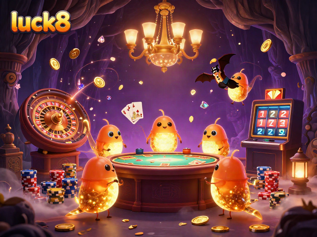 Experience luck8's vibrant 3D casino scene illuminated by glowworms, featuring lucky slot symbols and table games.