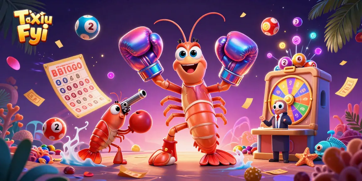 Tài Xỉu Fyi showcases playful characters engaging in vibrant lottery-themed action with dynamic elements.