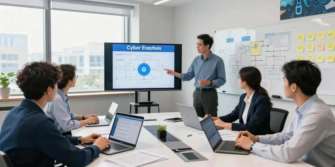 Cyber Essentials strategy meeting with professionals discussing compliance and security metrics in a modern office.