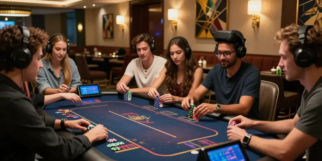 The immersive gaming experience at KU88, featuring friends engaging with casino games in a stylish lounge.