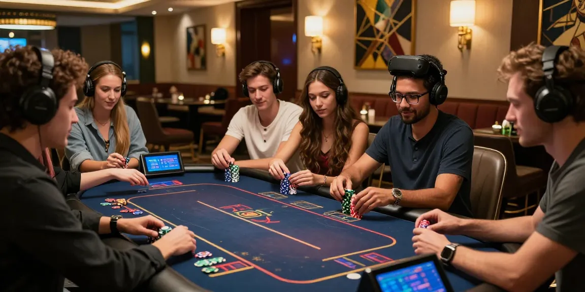 The immersive gaming experience at KU88, featuring friends engaging with casino games in a stylish lounge.