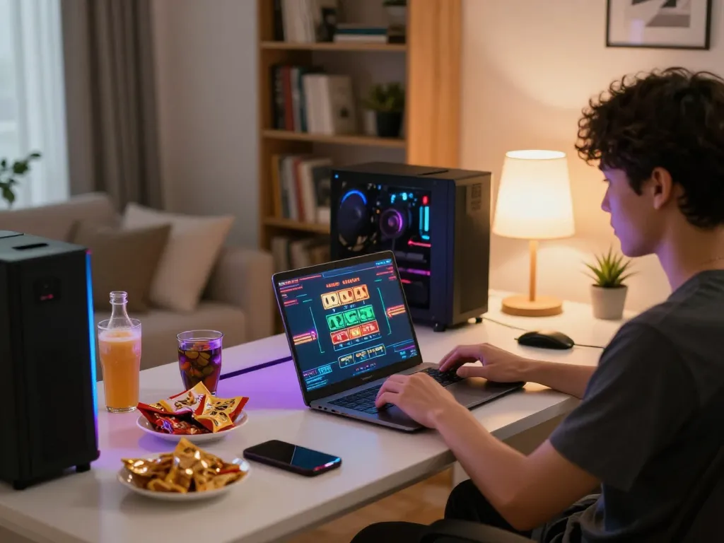 Engaging in togel online from a cozy home gaming setup, laptop displaying the game's interface.