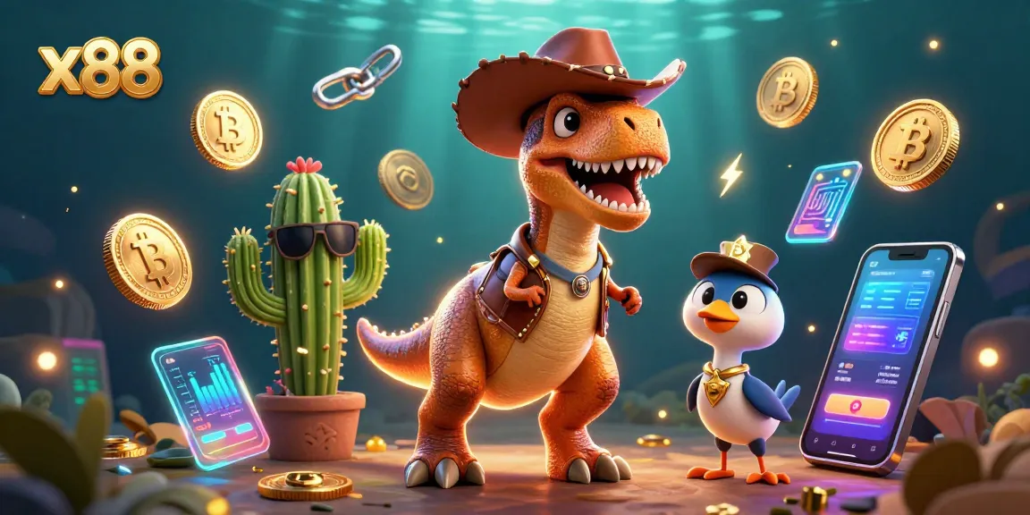 Spin and win at x88 with vibrant cartoon scenes of gambling excitement featuring a T-Rex and crypto coins.