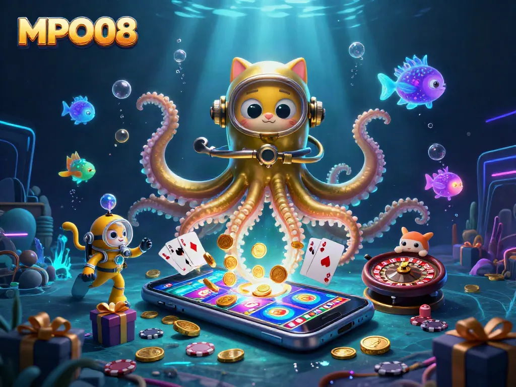 Engage in MPO08's immersive action with a kraken and diving cat amidst vibrant casino elements.