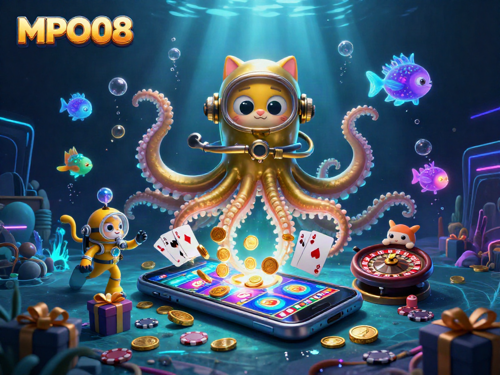 Engage in MPO08's immersive action with a kraken and diving cat amidst vibrant casino elements.