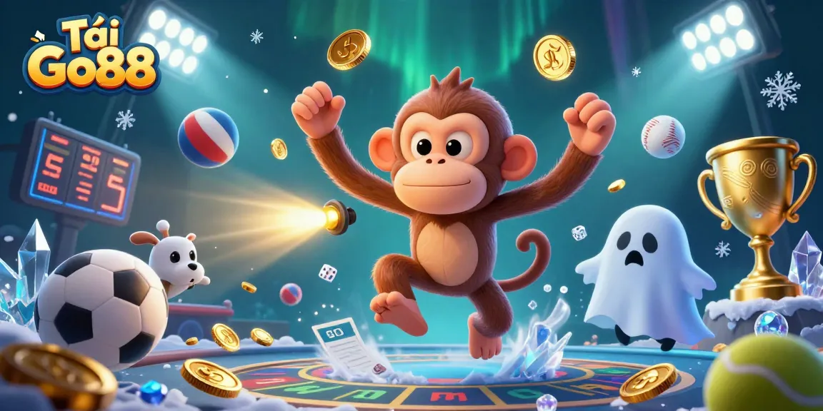 Tải Go88 showcases a playful poltergeist monkey juggling golden casino items, captivating ghost-hunter puppy exploring