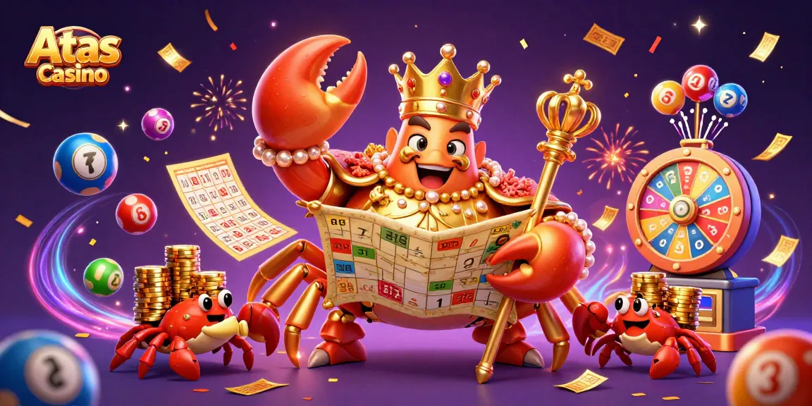 Atas Casino displays a lavish 3D scene with a golden crab emperor, treasure map, and colorful gaming elements.