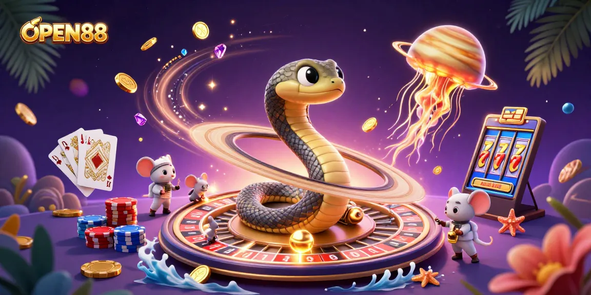 Engage in thrilling bets at OPEN88 with a captivating cosmic casino scene featuring a roulette wheel.