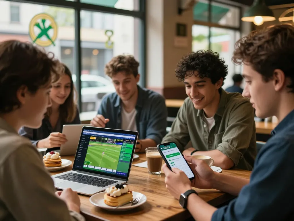 Friends enjoying crickex download at café while watching live cricket scores and betting.