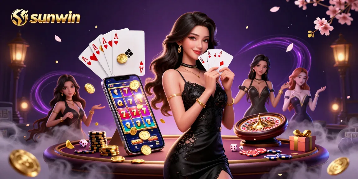 Experience sunwin's thrill with an elegant lady holding playing cards amid dynamic casino elements.