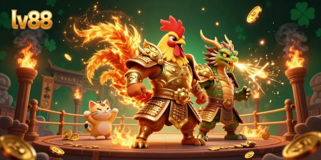 The dynamic illustration of lv88 depicts a fighting rooster warrior and a dragon hatchling at a vibrant gambling arena with rich colors.