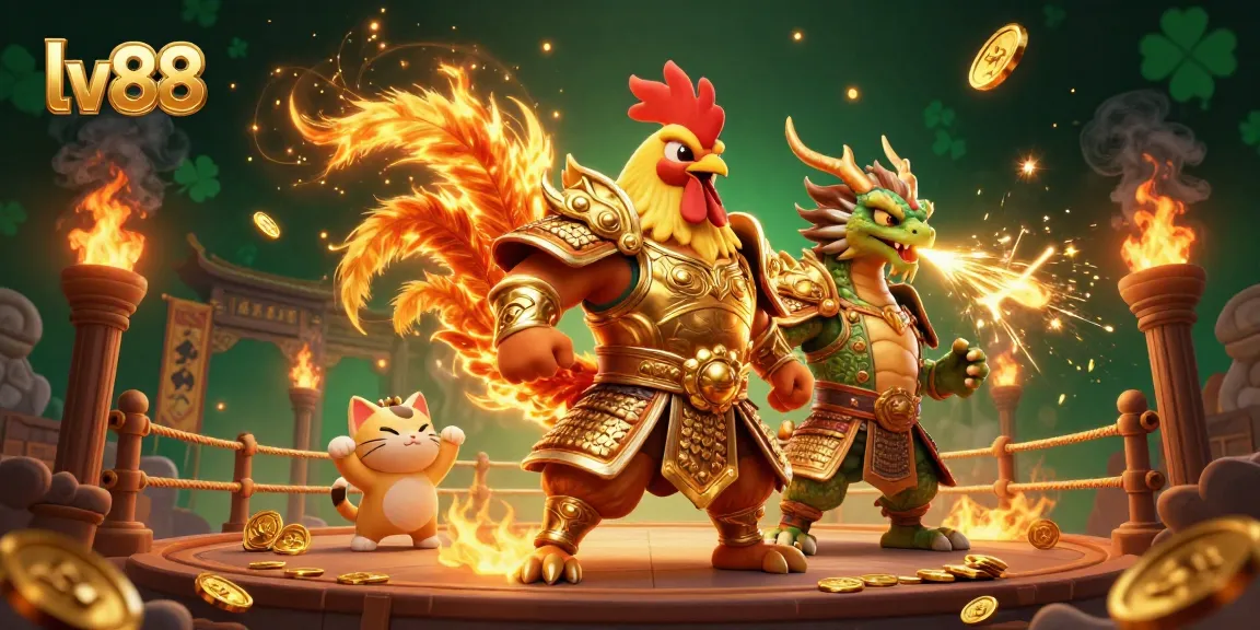 The dynamic illustration of lv88 depicts a fighting rooster warrior and a dragon hatchling at a vibrant gambling arena with rich colors.