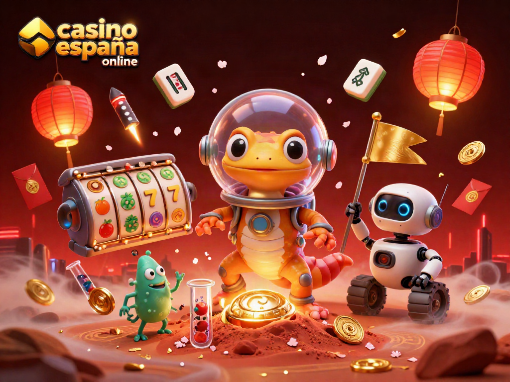 Gana en el casino en línea en España con tragamonedas giratorias y un gecko espacial explorando un tesoro dorado.