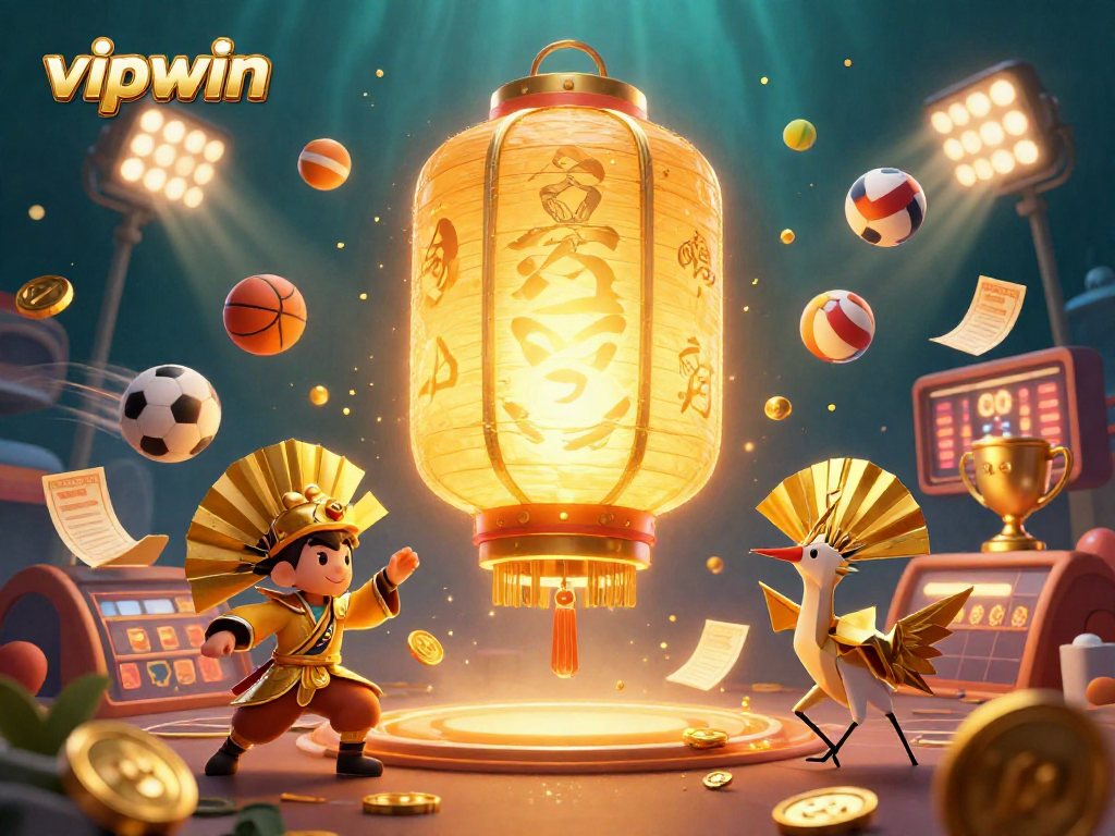 Experience dynamic winning moments at vipwin with a vibrant 3D casino scene featuring sports elements and golden lantern spirit.