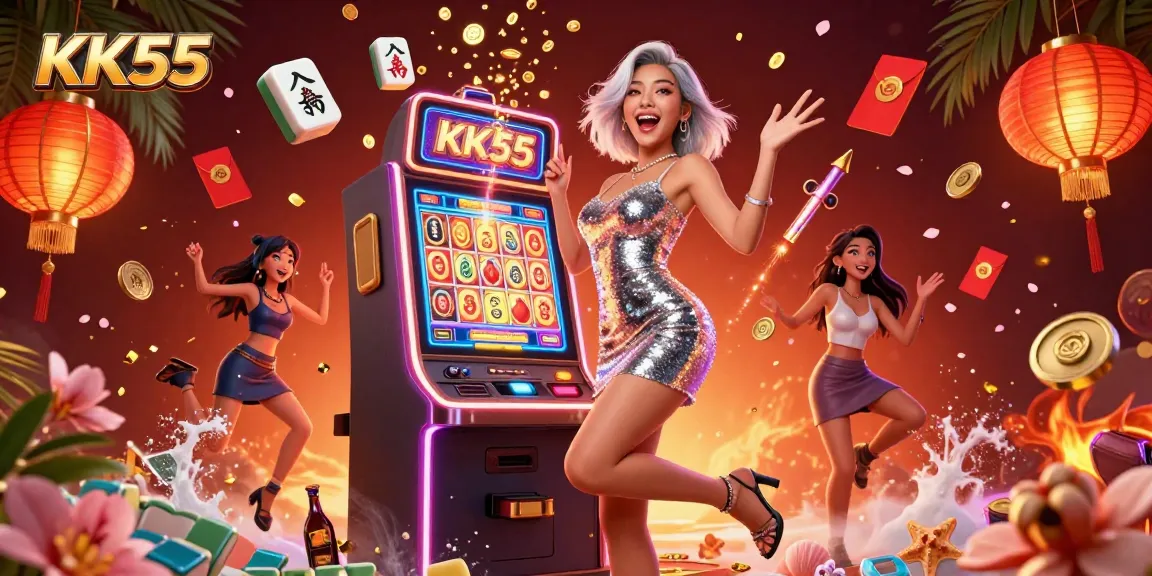 Celebrate a jackpot at KK55 casino with vibrant lights, golden coins, and festive decorations.