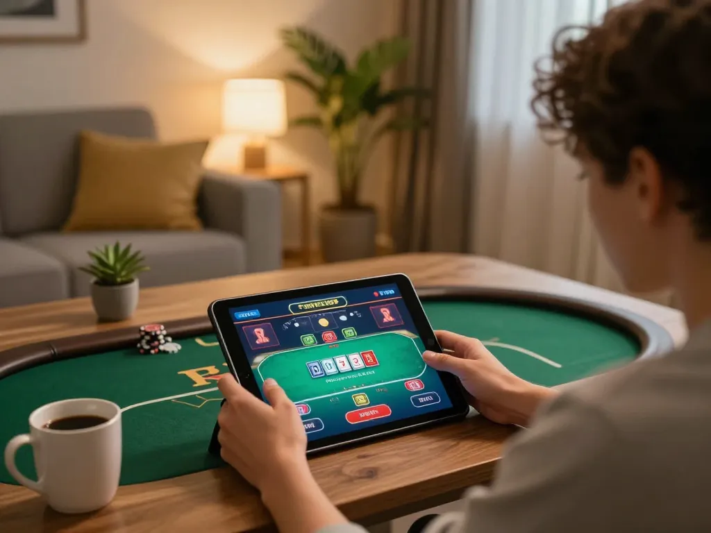 Playing engaging games on GG 88 tablet in a cozy home setting, showcasing vibrant casino atmosphere