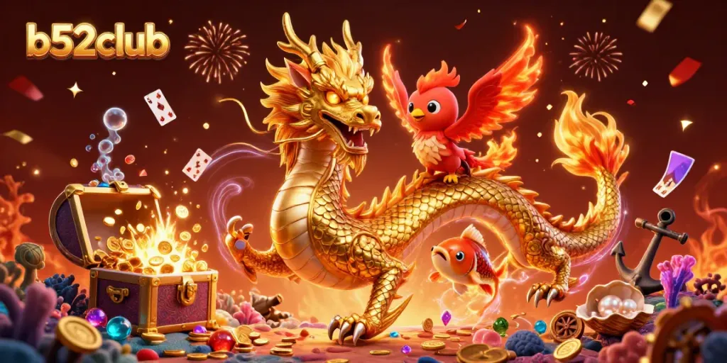 Experience the thrilling action of b52club with a golden dragon, phoenix, and koi fish amidst a vibrant casino scene