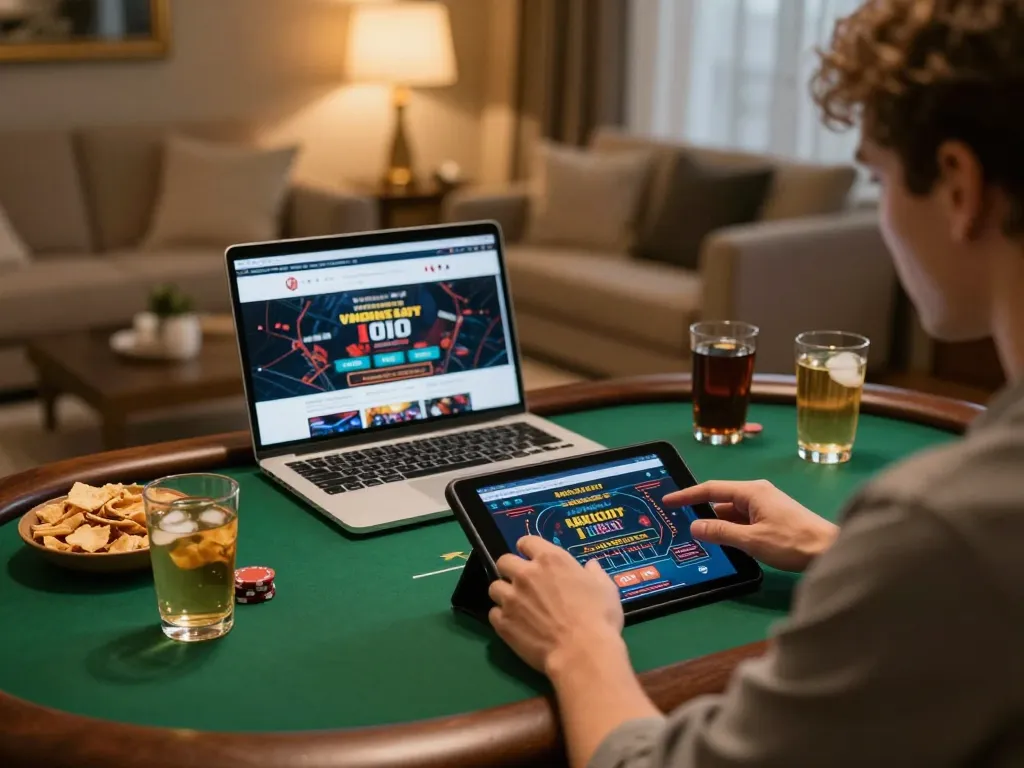 Engaged player using LGOLUX LOGIN on tablet for online poker in a cozy home setting.